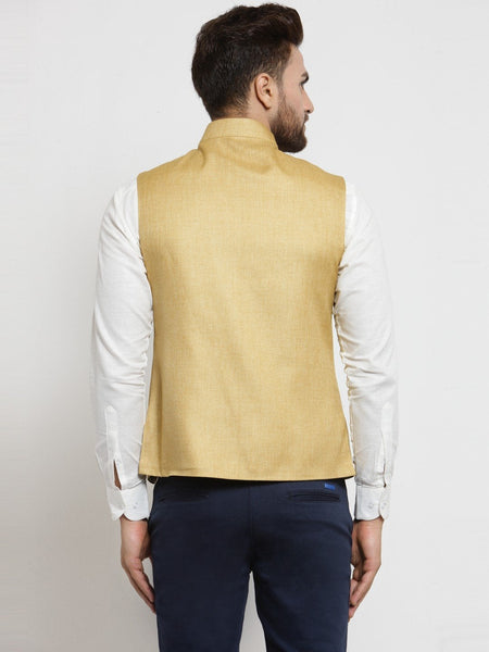 Men Mustard Yellow Solid Nehru Jacket By Treemoda
