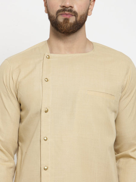 Beige Kurta With Black Aligarh Pajama Set  in Linen for men by Treemoda