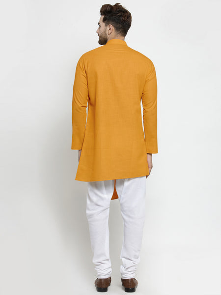 Designer Mustard Yellow Linen Kurta With White Churidar Pajama For Men By Treemoda