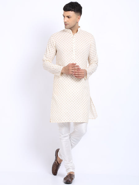 Printed Cream Cotton Kurta with Churidar Pajama by Treemoda