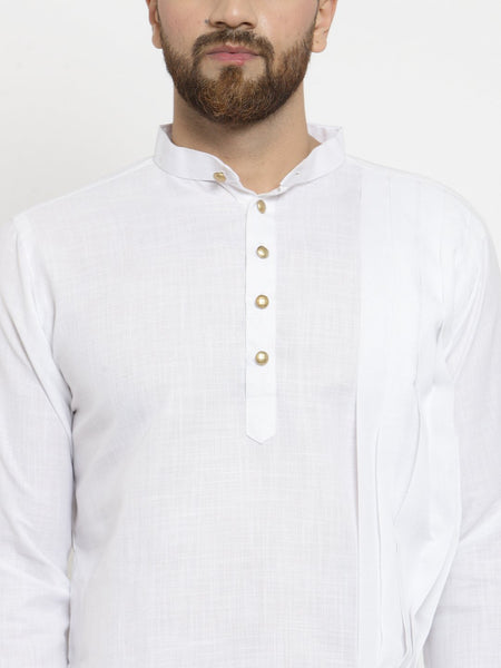 White Kurta With Churidar Pajama Set in Linen For Men by Treemoda