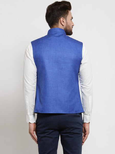 Men Blue Solid Nehru Jacket By Treemoda