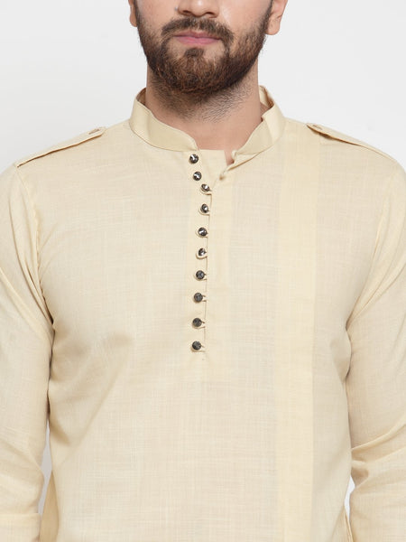 Beige Kurta With Aligarh Pajama Set in Linen For Men by Treemoda