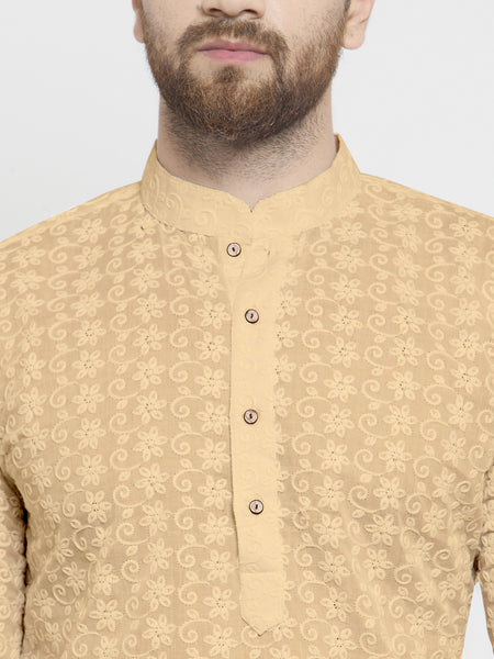 Embroidered Cotton Chikankari Beige Kurta With Aligarh Pajama For Men By Treemoda