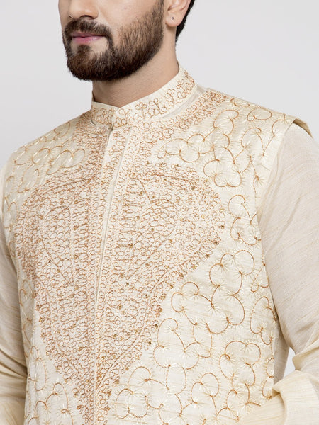 Men's White Embroidered Kurta Pajama Set, With  Jacket, and Scarf by Treemoda