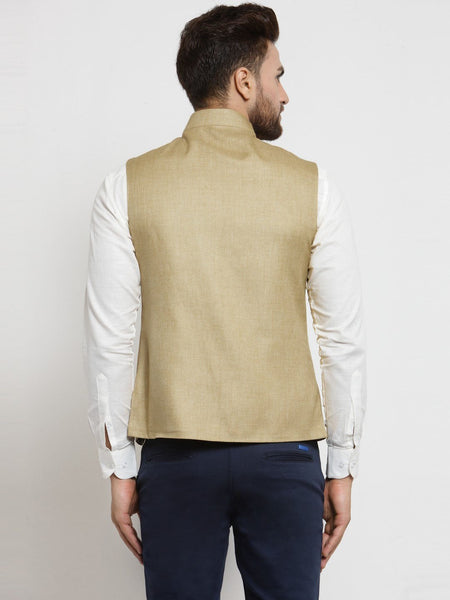Men Beige Solid Nehru Jacket By Treemoda