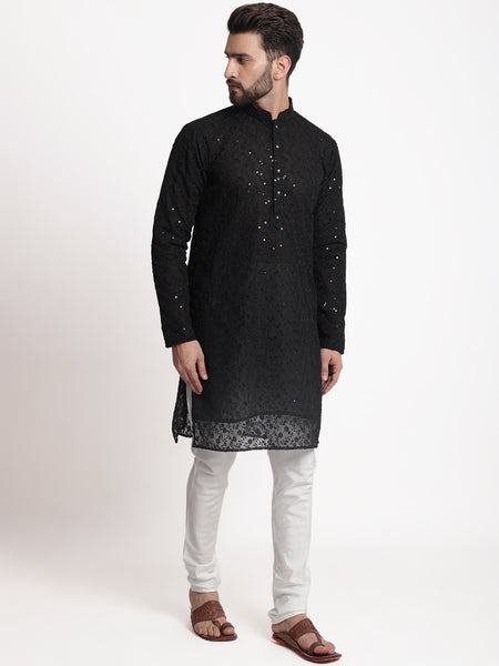 Black Chikankari Floral Embroidery Kurta With Churidar Pajama by Treemoda