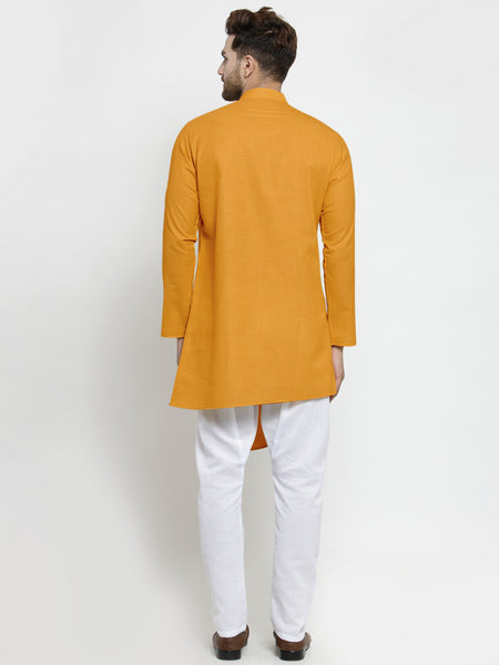 Designer Mustard Yellow Linen Kurta With White Aligarh Pajama For Men By Treemoda