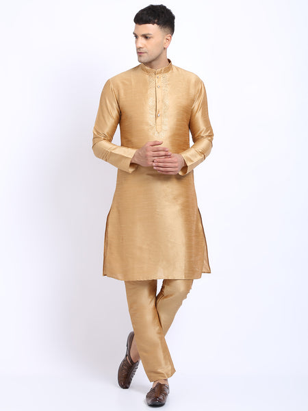 Embellished Golden Brocade Kurta with Aligarh Pajama by Treemoda