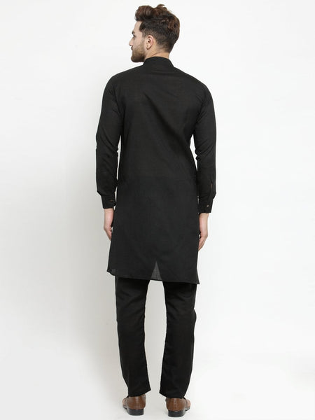 Designer Black Linen Kurta With Aligarh Pajama For Men By Treemoda