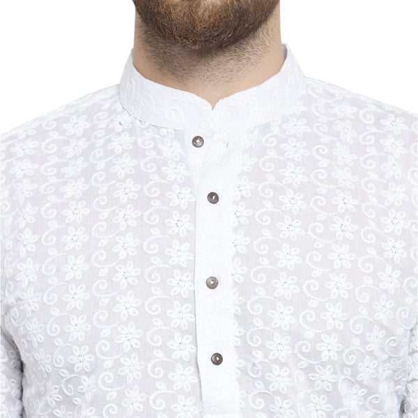 White Cotton Chikankari Lucknowi Jaal Embroidered Kurta By Treemoda