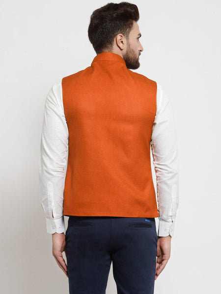 Men Orange Solid Nehru Jacket By Treemoda