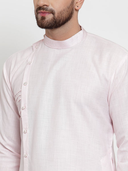 Designer Pink Kurta With Churidar Pajama Set in Linen For Men by Treemoda