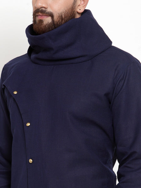 Navy Blue Kurta With Churidar Pajama Set For Men by Treemoda