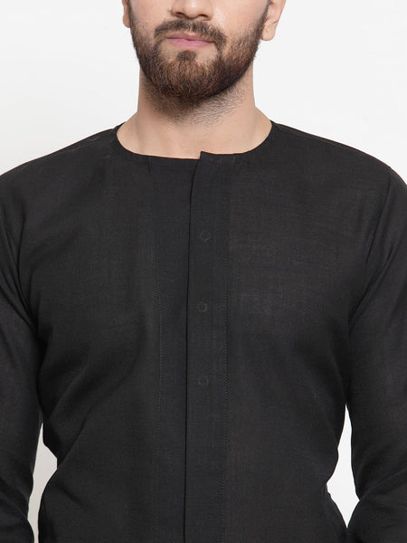 Black Kurta With Aligarh Pajama Set in Linen For Men by Treemoda