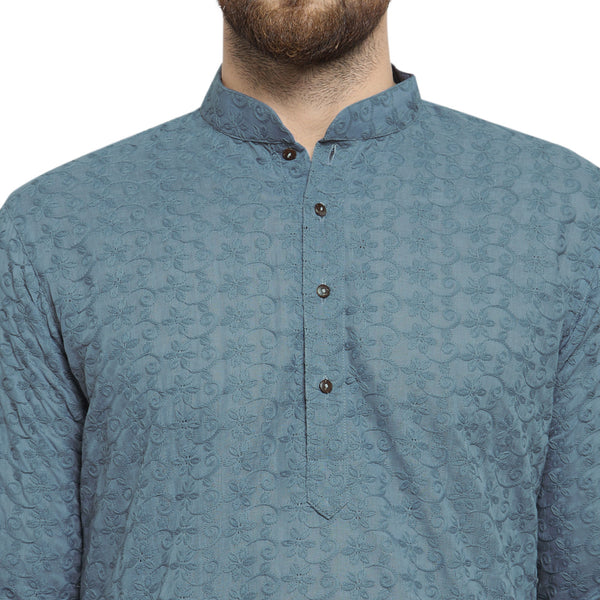 Grey Cotton Chikankari Lucknowi Jaal Embroidered Kurta By Treemoda
