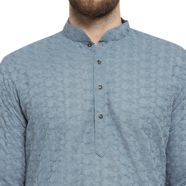 Light Grey Cotton Chikankari Lucknowi Jaal Embroidered Kurta with Aligarh Pajama For Men  by Treemoda