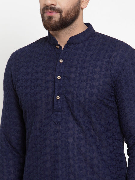 Navy Blue Cotton Chikankari Lucknowi Jaal Embroidered Kurta with Churidar Pajama For Men Treemoda