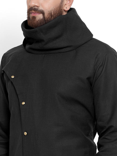 Black Kurta With Aligarh Pajama Set in Linen For Men by Treemoda