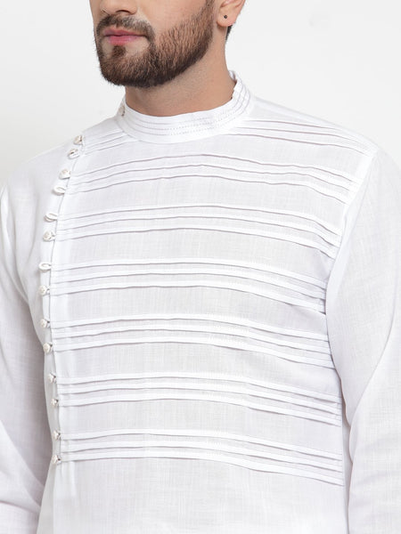 Designer White Kurta With Churidar Pajama Set in Linen For Men by Treemoda