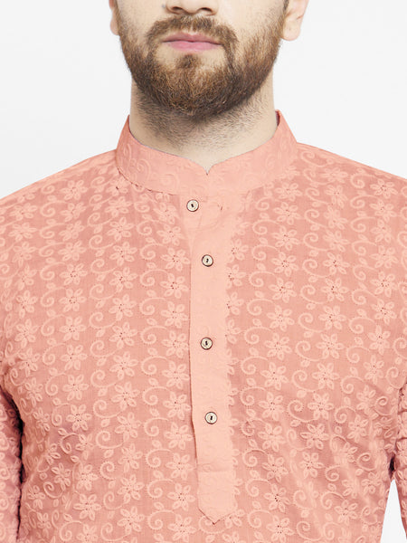 Salmon Pink Chikankari Lucknowi Jaal Embroidered Kurta with Aligarh Pajama by Treemoda