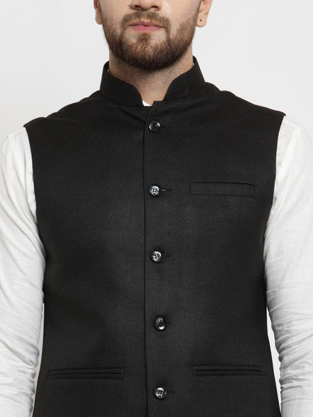 Men Black Solid Nehru Jacket By Treemoda