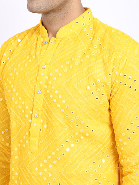 Yellow Georgette Mirror Work Embroidered Kurta with Churidar Pajama by Treemoda