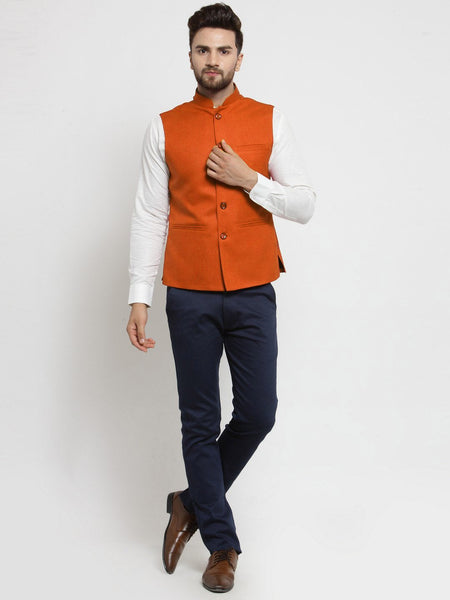 Men Orange Solid Nehru Jacket By Treemoda