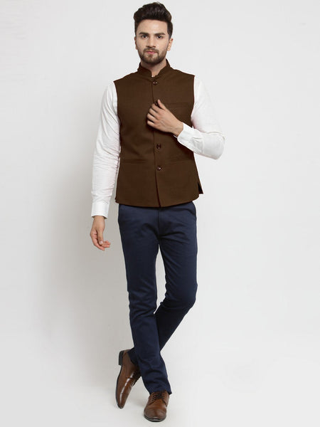 Men Chocolate Brown Solid Nehru Jacket By Treemoda