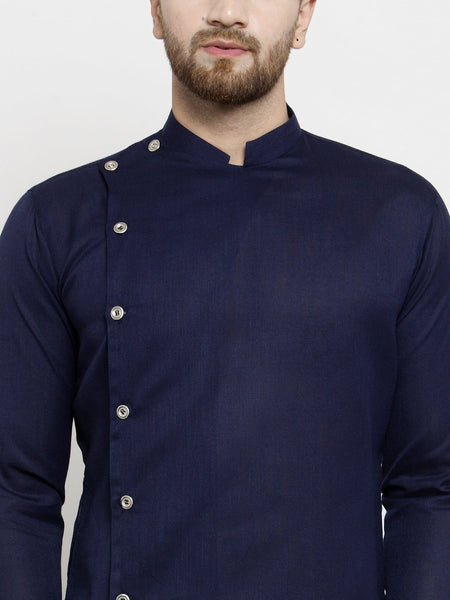 Designer Blue Linen Kurta With Chudidar Pajama For Men By Treemoda
