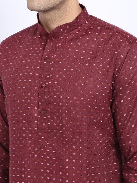 Printed Maroon Cotton Kurta with Churidar Pajama by Treemoda
