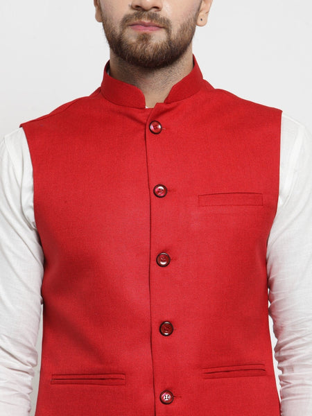 Men Red Solid Nehru Jacket By Treemoda