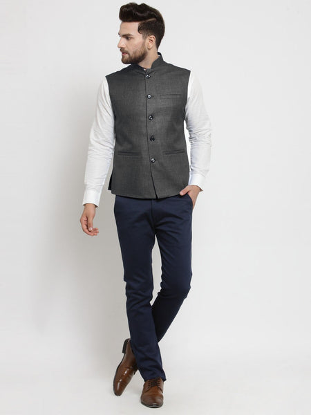 Men Grey Solid Nehru Jacket By Treemoda