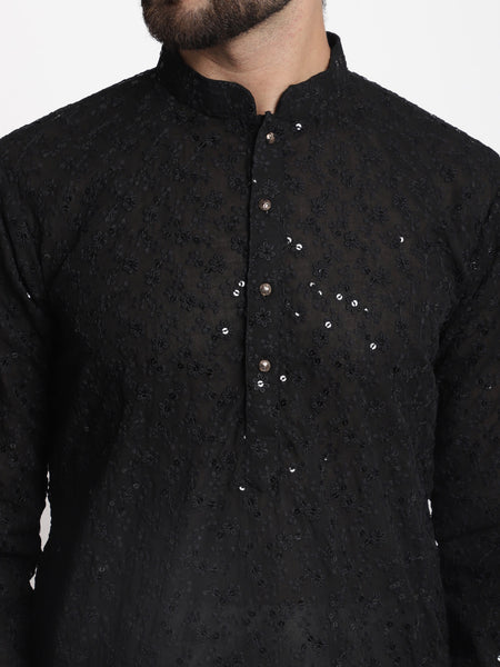Black Chikankari Floral Embroidery Kurta With Churidar Pajama by Treemoda