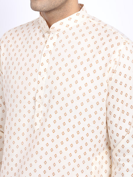 Printed Cream Cotton Kurta with Churidar Pajama by Treemoda