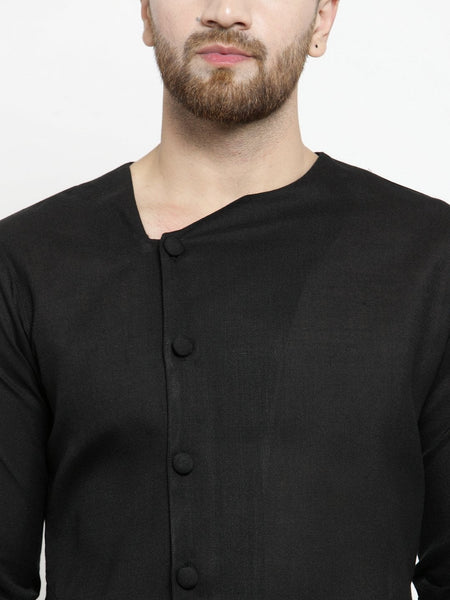 Designer Black Linen Kurta With Aligarh Pajama For Men By Treemoda