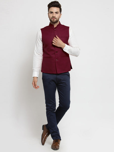 Men Maroon Solid Nehru Jacket By Treemoda