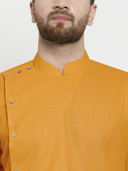 Designer Mustard Yellow Linen Kurta With White Churidar Pajama For Men By Treemoda