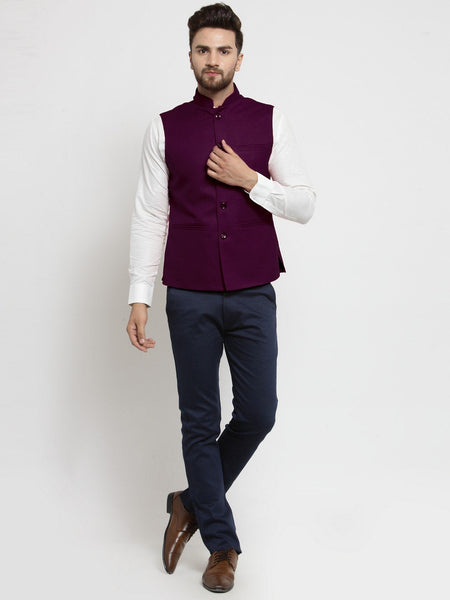 Men Purple Solid Nehru Jacket By Treemoda