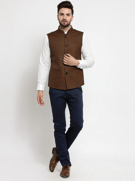 Men Caramel Solid Nehru Jacket By Treemoda