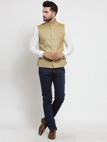 Men Beige Solid Nehru Jacket By Treemoda