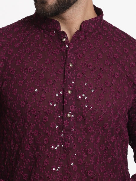 Wine Chikankari Floral Embroidery Kurta With Churidar Pajama by Treemoda