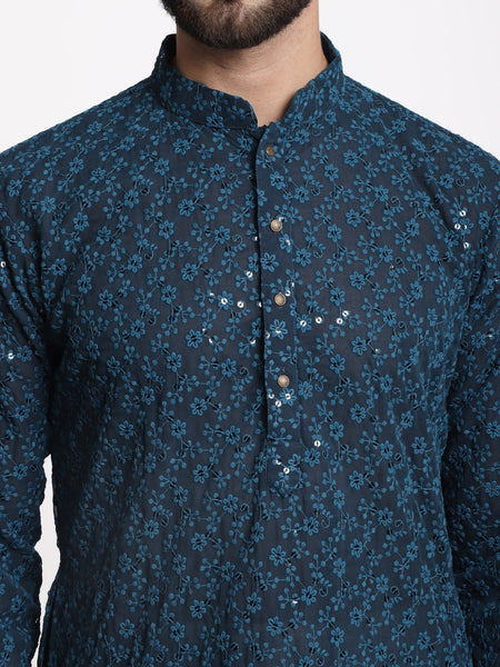 Blue Chikankari Floral Embroidery Kurta With Churidar Pajama by Treemoda