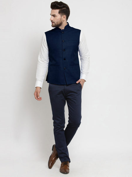 Men Dark Blue Solid Nehru Jacket By Treemoda