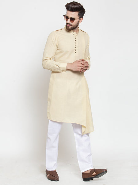 Beige Kurta With Aligarh Pajama Set in Linen For Men by Treemoda