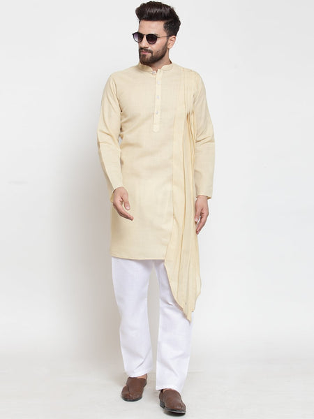 Beige Kurta With Aligarh Pajama Set in Linen For Men by Treemoda