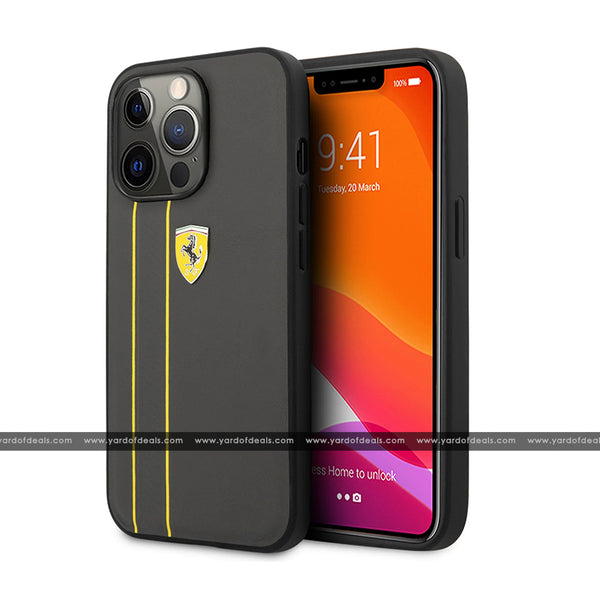 Ferrari Debossed Stripes and Yellow Line Leather Case for iPhone