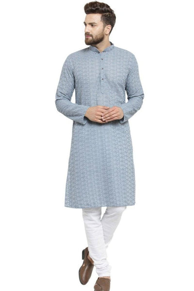 Light Grey Cotton Chikankari Lucknowi Jaal Embroidered Kurta with Churidar Pajama For Men by Treemoda