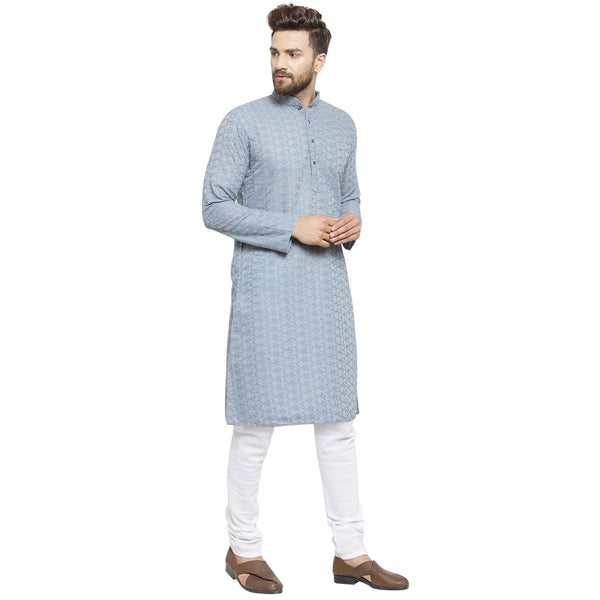 Light Grey Cotton Chikankari Lucknowi Jaal Embroidered Kurta with Churidar Pajama For Men by Treemoda