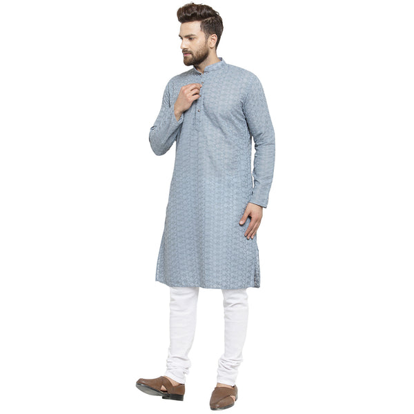 Light Grey Cotton Chikankari Lucknowi Jaal Embroidered Kurta with Churidar Pajama For Men by Treemoda